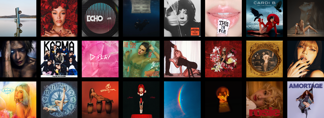 A grid of album covers from 35+ global artists & groups