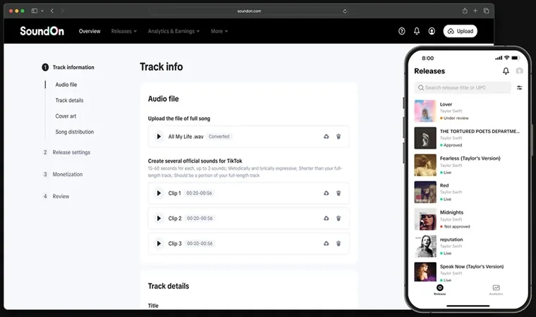 SoundOn upload flow — Track info, and the Releases list on mobile