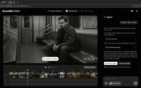 Melor Agent mode — storyboard editor with an AI agent panel