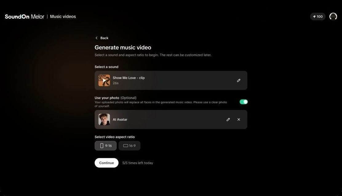 Melor — Generate music video: select a sound, add your photo, choose an aspect ratio