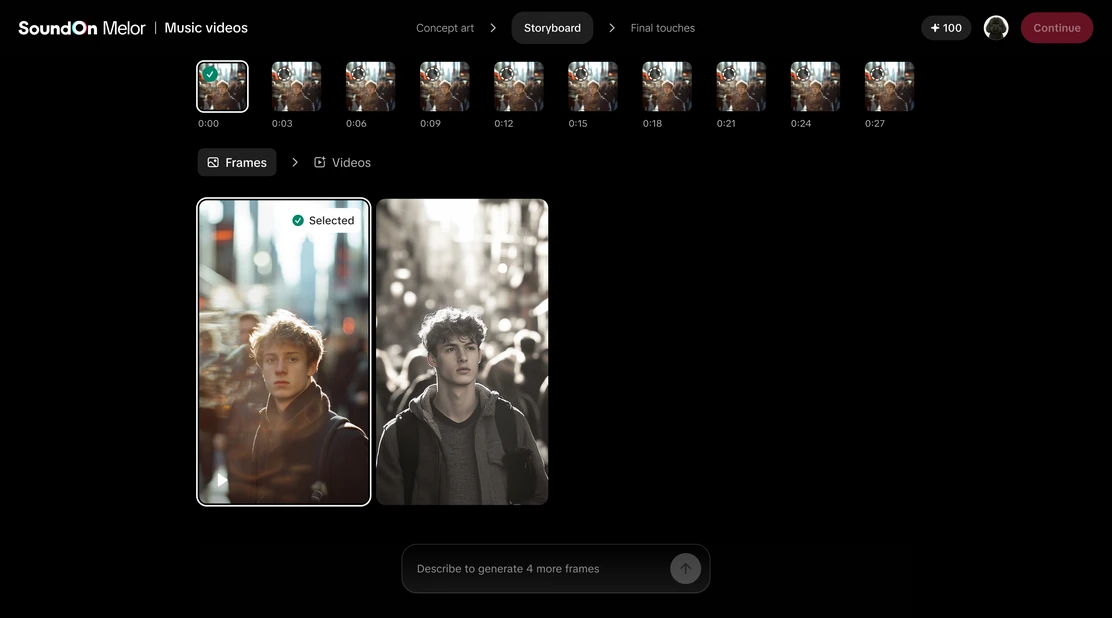 Melor — Storyboard step: frames on a timeline, pick one per shot