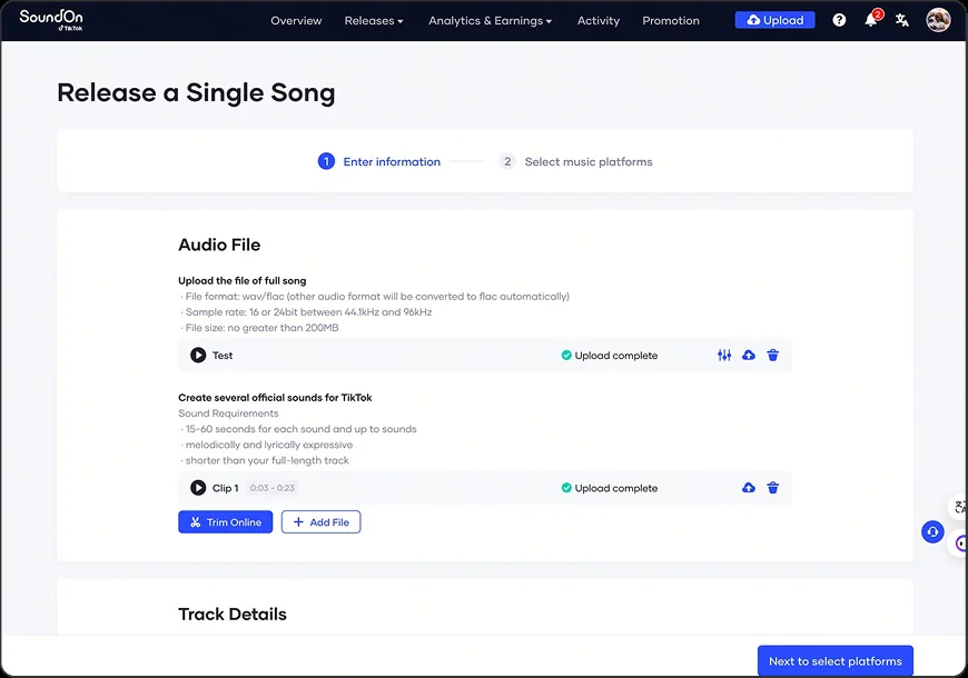 Upload experience before — Release a Single Song